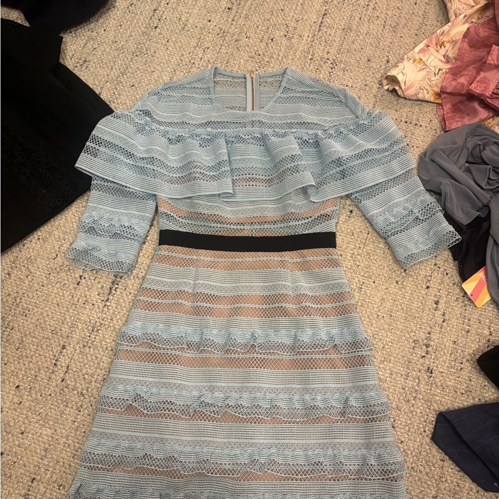 Self-Portrait Light Blue Lace Long Sleeve Dress